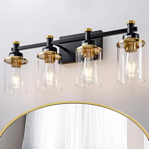 Vista 14 de Accesorios de Luz de Baño de 3 Luces, Accesorio de Luz de Tocador Negro y Dorado Cepillado Sobre Espejo, Apliques de Pared Modernos Iluminación