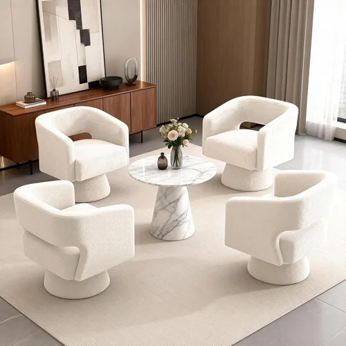 Vista 9 de ClinQ Silla giratoria de barril acento, juego de sillas redondas tapizadas de teddy extragrandes, silla de tocador moderna de lujo de 360°