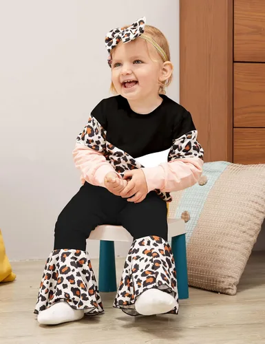 Vista 3 de Queenstyle Sudadera de bloque de color para niña pequeña + pantalones de campana + diadema para otoño e invierno