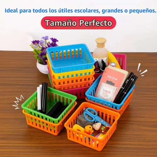 Vista 5 de PREXTEX Cestas de almacenamiento para el aula, contenedor de lápices y lápices - Organización del aula - Cestas cuadradas de plástico multicolor, 5