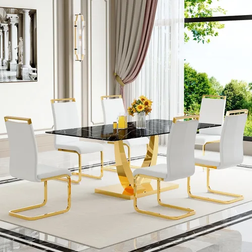 Vista 21 de Juego de mesa de comedor negra para 4, 63 x 35.4 x 30 pulgadas, mesa de comedor moderna rectangular con patas y base de acero inoxidable, sillas
