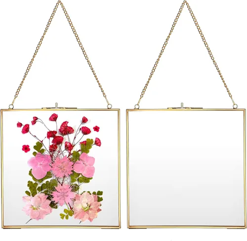 Vista 12 de JUXYES Paquete de 2 marcos cuadrados de latón para colgar en la pared para flores prensadas, marco de exhibición de ilustraciones de doble vidrio