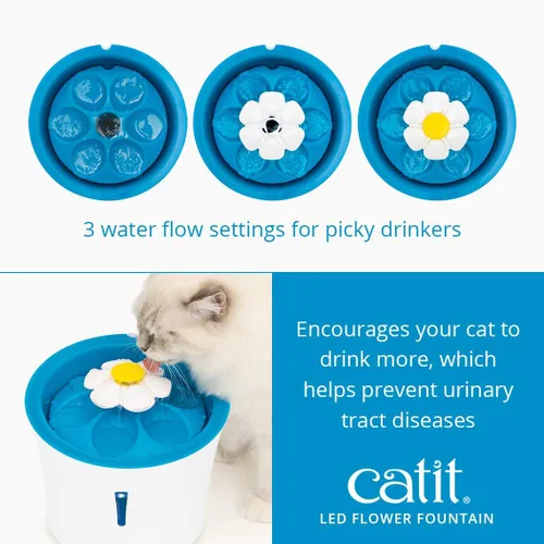 Vista 5 de Catit Fuente de flores LED con filtro de triple acción, fuente de agua potable para gatos, 3 L