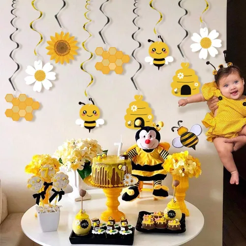 Vista 7 de 20 decoraciones de remolinos colgantes de abejorros, remolinos colgantes para fiesta de abejas, serpentinas de techo, suministros de fiesta temática