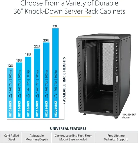 Vista 4 de StarTech.com Armario de Bastidor de Servidor de 4 Postes 12U, Gabinete de Bastidor de Datos de 19" para Equipo de TI / Red, con Rieles de Montaje
