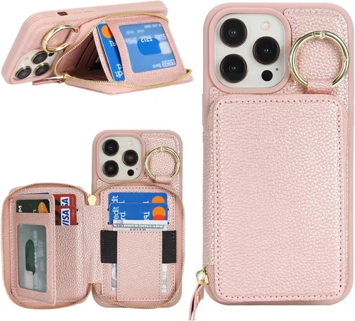 Vista 7 de Funda compatible con iPhone 11 con tarjetero, para iPhone 11, funda de teléfono con cremallera y ranura para mujer, 6.1 pulgadas, oro rosa