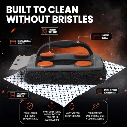 Vista 2 de Proud Grill Q-Swiper - Juego de limpiador de parrilla para barbacoa, 1 cepillo de parrilla con raspador y 25 toallitas de limpieza para parrilla