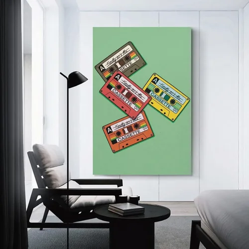 Vista 2 de Cinta de cassette retro impresión de casete de los años 90 y 80 música retro moderna impresiones de pared abstractas geométricas minimalistas