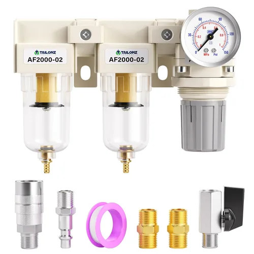 Vista 19 de TAILONZ PNEUMATIC Regulador de presión de filtro de aire de drenaje automático NPT de 1/2 pulgada Combo Piggyback, filtro compresor de herramienta