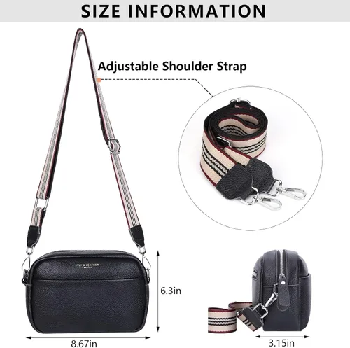 Vista 6 de Bolso cruzado para mujer de cuero genuino con correa ancha, bolso de hombro, bolso de mano, diseño moderno, bolso cruzado para cámara, cierre