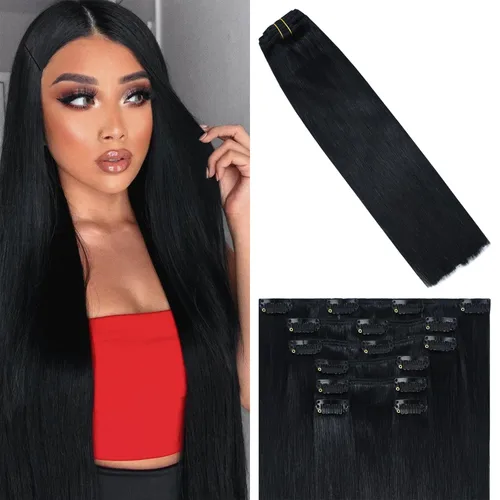 Vista 47 de WindTouch - Extensiones de cabello humano liso con pinzas, color negro azabache, 2.47 onzas, N.° 1, 12 pulgadas, 7