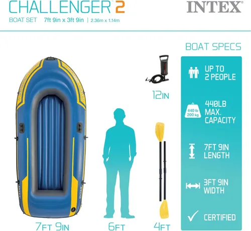 Vista 2 de Set de Bote Hinchable Intex Challenger 2: Incluye Remos Deluxe de 48 Pulgadas y Bomba de Alta Potencia Amarillo