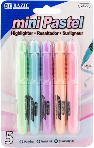 Vista 9 de BAZIC PRODUCTS Mini resaltadores, fluorescentes, punta de cincel, clip de tapa, 5 unidades Colores Asst