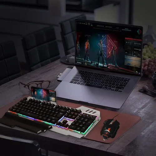 Vista 5 de FEDARFOX Combo de teclado y mouse, compacto juego de teclado y mouse arco iris de tamaño completo para juegos, teclado mecánico retroiluminado