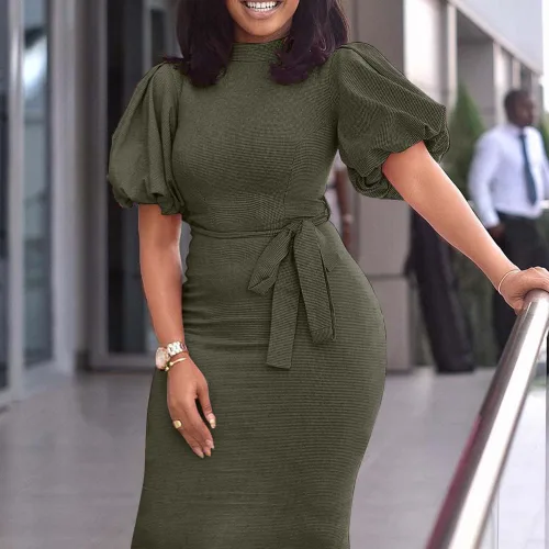 Vista 3 de VERWIN Vestido bodycon de mujer de oficina con manga corta a media pantorrilla con cuello alto
