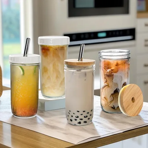 Vista 5 de Yesland Paquete de 6 vasos de vidrio con tapas y pajitas, tarro Mason de 24 onzas, vaso estético para batidos, taza de café y cerveza, taza Boba