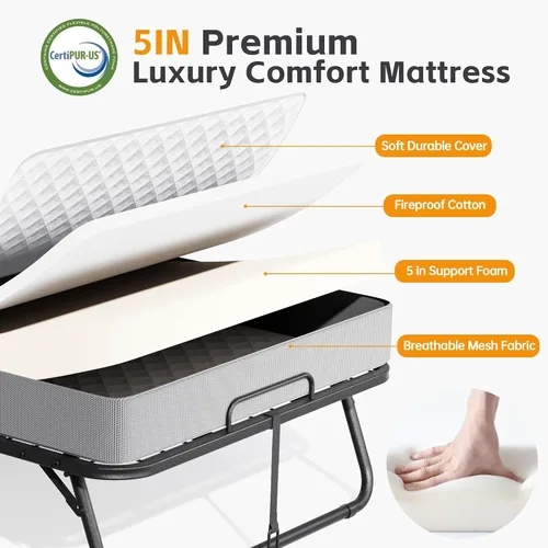 Vista 5 de INTERGREAT Cama plegable, cama portátil de tamaño individual de 75 x 38 pulgadas para adultos, camas plegables de metal para huéspedes con ruedas