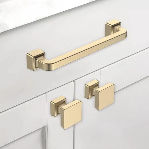 Vista 2 de Asidrama Paquete de 5 pomos de latón cepillado de 1-1/4 pulgadas para gabinetes de cocina, pomos dorados para aparadores y cajones, herrajes