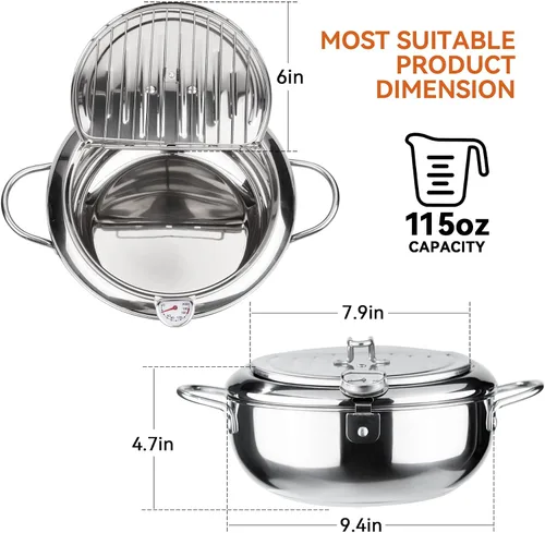 Vista 3 de Kerilyn Olla Freidora Profunda, 9.4 Pulgadas/3.4 L Olla de Freír Tempura de Estilo Japonés con Tapa, Acero Inoxidable 304 con Control de Temperatura
