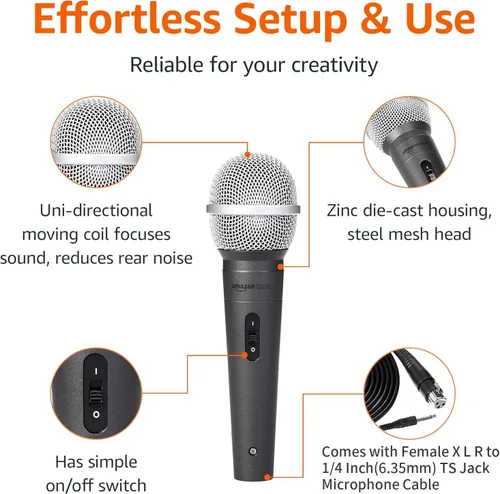 Vista 2 de Amazon Basics Micrófono dinámico: micrófono vocal profesional con cable para karaoke, podcasting, actuaciones en vivo