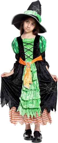 Vista 3 de Disfraz de bruja de Halloween para niñas, vestido de bruja verde lindo disfraz de lujo juego de rol