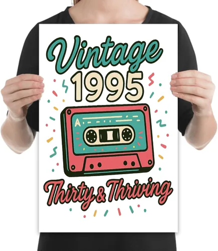 Vista 2 de Thirty & Thriving 90s Neon Poster - Retro 1995 Cassette Tape Design - Gloss Paper Finish - Milestone Birthday Wall Decor