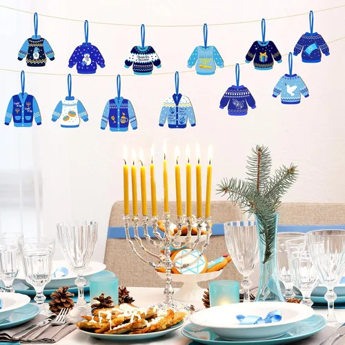 Vista 6 de Adornos de madera de Hanukkah, decoración de suéter feo, menorá judía, dreidel, estrellas de David Chanukah, decoración colgante, colgante de suéter