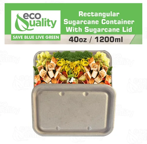 Vista 4 de EcoQuality Cuencos desechables de 40 onzas con tapas de fibra, cuencos rectangulares de papel biodegradable de fibra de caña de azúcar compostable