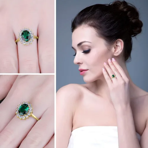 Vista 5 de JewelryPalace Anillos de compromiso y aniversario estilo princesa Diana, Kate Middleton, piedra natal de zafiro y halo, 14 quilates, chapado en oro