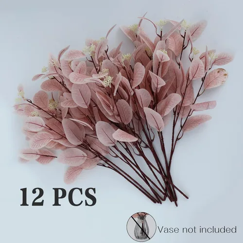 Vista 3 de 12 tallos de eucalipto artificiales, hojas de seda sintética de 20 pulgadas con bayas beige, ramas de vegetación flexibles para decoración bohemia