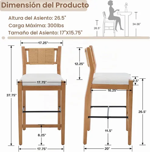 Vista 2 de CIMOTA Taburetes de bar de ratán de altura de mostrador, juego de 2, taburetes de bar de 26" estilo granja con respaldos tejidos, sillas de bar