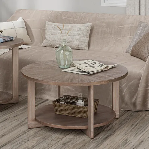 Vista 9 de Mesas de centro redondas de madera con almacenamiento, mesa de centro rústica con parte superior de madera envejecida, mesa circular grande