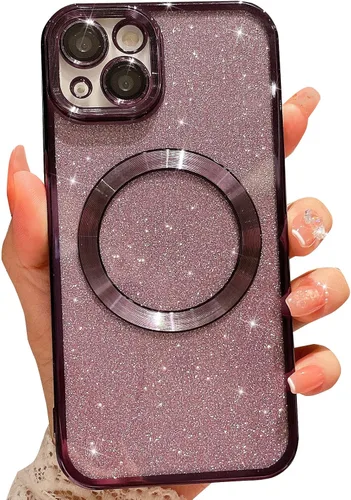 Vista 7 de Compatible con iPhone 13 Funda magnética con purpurina, bonita funda transparente chapada de lujo, compatible con MagSafe para mujeres y niñas