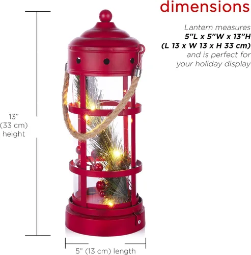 Vista 3 de Alpine Corporation Farol de Navidad de metal y vidrio de 13 pulgadas de alto con 8 luces LED blancas cálidas, temporizador integrado, decoración Rojo