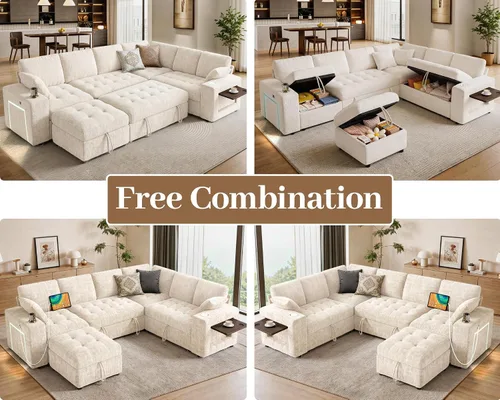 Vista 4 de Vipbear Sofá cama modular de 111 pulgadas, sofá cama modular de 7 asientos con cama extraíble, sofá en forma de L de felpilla con otomana de Beige