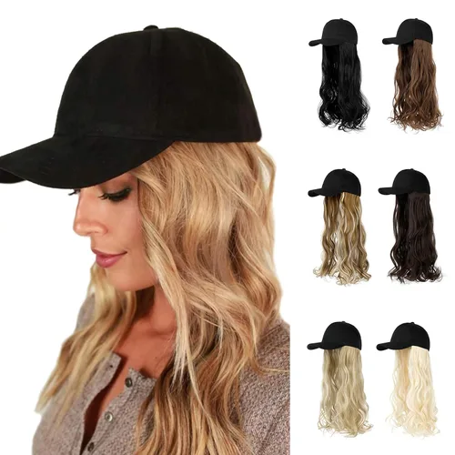 Vista 8 de AynnQueen Gorra de béisbol con extensiones de cabello para mujer, gorra ajustable con peluca sintética adjunta de 24 pulgadas, cabello ondulado