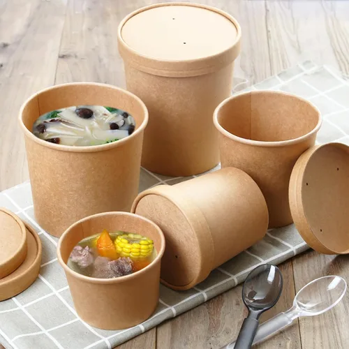 Vista 7 de Paquete de 100 recipientes de papel de 4 onzas para sopa con tapas ventiladas, recipientes desechables para alimentos, tazas de helado de estraza