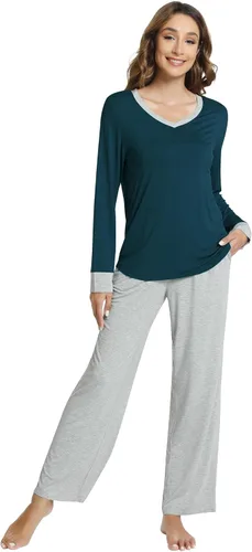 Vista 58 de NACHILA Women's Pajamas Set-Viscose Made from Bamboo, Long Sleeve Sleepwear Top with Pants Comfy Pajama Soft 2 Piece Pjs B-aqua Green
