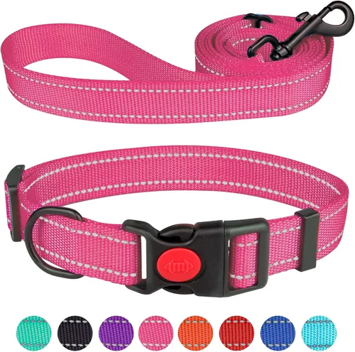 Vista 10 de Juego de collar y correa reflectante para perro con hebilla de bloqueo de seguridad, collares de nailon para mascotas ajustables para perros Negro