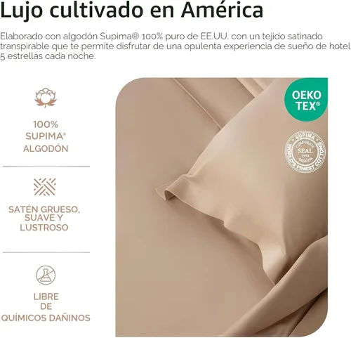 Vista 3 de Threadmill Sábanas de lujo de algodón Supima, sábanas de 100% algodón suaves de 1200 hilos de lujo para cama tamaño matrimonial, juego de 4 sábanas
