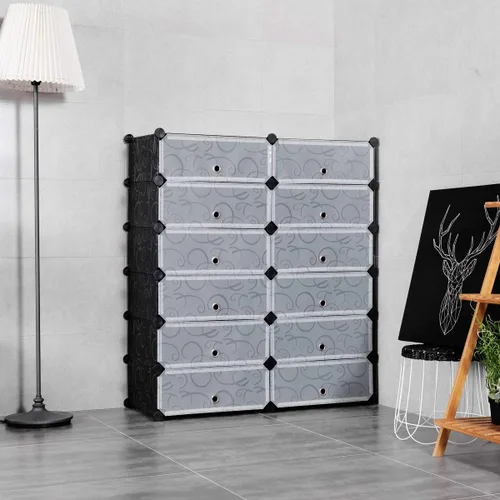Vista 2 de HAPPYGRILL Organizador de zapatos, armario modular de plástico de 12 cubos con estantes de zapatos de 6 niveles y puertas transparentes, diseño