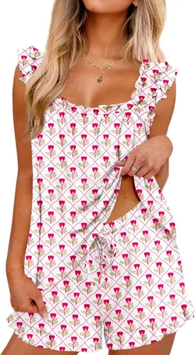 Vista 9 de Ekouaer Conjunto de pijama para mujer, conjunto de 2 piezas con volantes, camiseta sin mangas suave y pantalones cortos, conjunto de pijama de novia