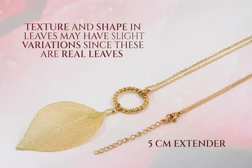 Vista 14 de Joyas de hoja de oro rosa y plata para mujer. Pendientes de hoja natural y collares circulares colgantes. Elegantes conjuntos de joyas colgantes.