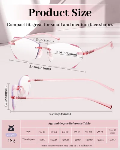 Vista 3 de LUFF Rimless Reading Glasses for Women Sparkle Lens TR90 Temple 02-rosa