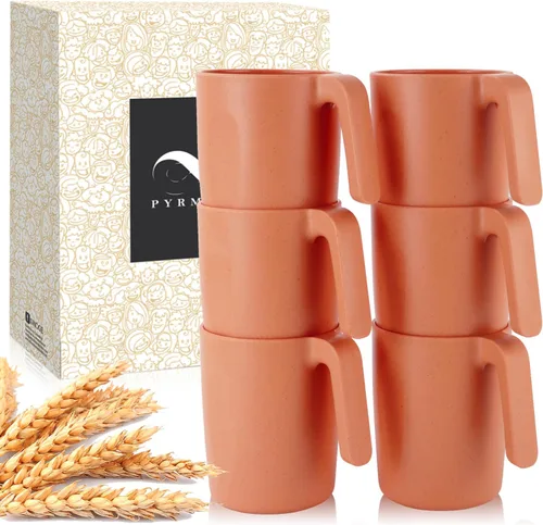 Vista 22 de PYRMONT Juego de 6 tazas de paja de trigo, tazas de café de plástico reutilizables, tazas de té con asas, juego de tazas de 16 onzas para café