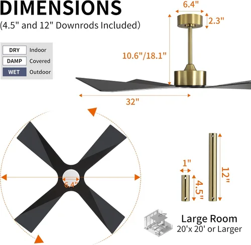Vista 4 de WINGBO Ventilador de techo para exteriores de 64 pulgadas con clasificación húmeda, 4 cuchillas de plástico ABS, motor CC reversible, control remoto