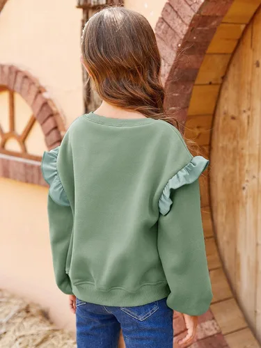 Vista 4 de Sudaderas casuales de cuello redondo para niñas, con volantes, manga larga, lindo color sólido