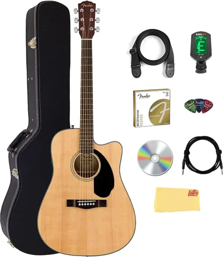 Vista 13 de Fender CD-60SCE - Guitarra electroacústica Dreadnought de tapa sólida - Paquete negro con funda, cable, afinador, correa, cuerdas, púas, DVD