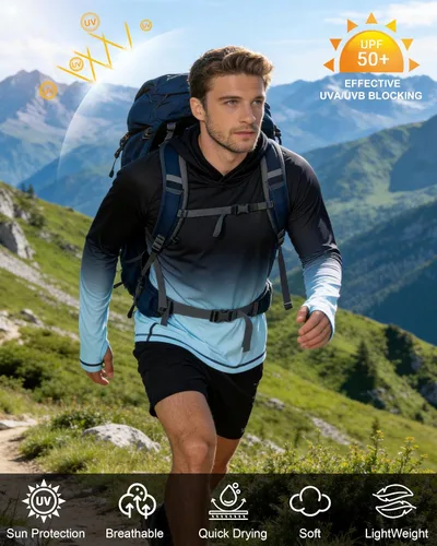 Vista 5 de Roadbox Sudadera con capucha UPF 50+ para hombre, con capucha UV, manga larga, ligera, protección contra erupciones SPF para exteriores, senderismo