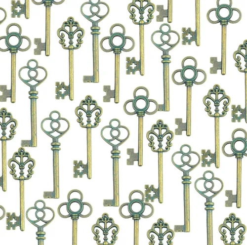 Vista 14 de Aokbean Juego mixto de 30 llaves de esqueleto grandes en bronce antiguo, juego de 30 llaves Retro Decorative Craft Keys, Antique Color Finish